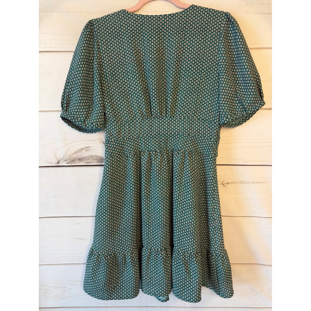 Maeve Anthropologie Teal Geometric Honeycomb Puff Sleeve Ruffle Mini Dress 6P - Picture 7 of 7